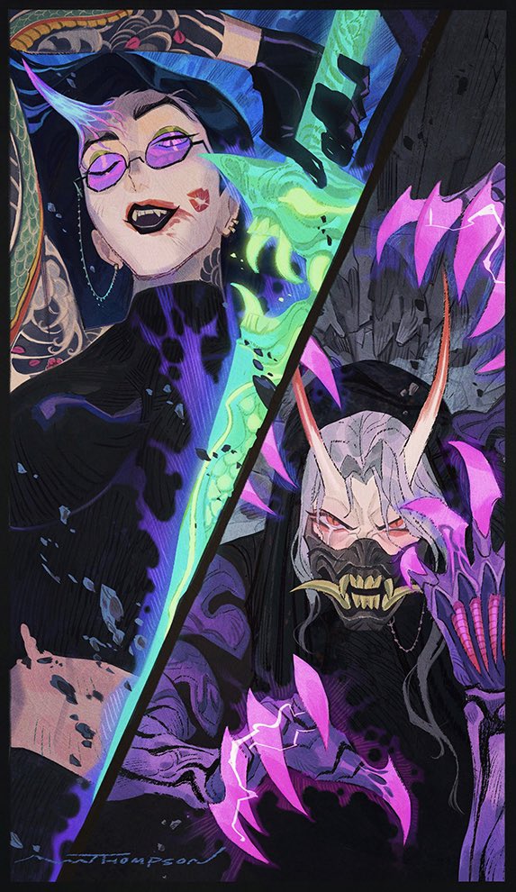 this illustration depicts two characters separated by a neonlit diagonal line. the character on the left is female, with dark hair, purple eyes, and horns. she is wearing a black shirt and sunglasses, and is holding a glowing green sword that is also separated by the line. the character on the right is male, with long white hair and horns. he is wearing a black mask with sharp fangs and is holding a large hand with claws. he is covered in a purple glow. the image has a dark and spooky fantasy style with abstract lines and an overall contrast. it is a dynamic and creative illustration.