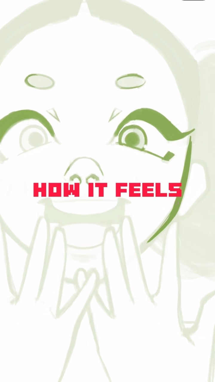 the image is a digital drawing of a cartoon girl's face and upper body. she has large, expressive eyes, a simple nose, and a wide, open mouth, suggesting happiness or excitement. her hands are clasped in front of her. the art style is minimalist and uses a pastel green and white color palette.  the phrase "how it feels" is prominently displayed in red block letters across the center of the image, suggesting the drawing depicts a feeling of happiness or joy. the style is reminiscent of anime or manga.
