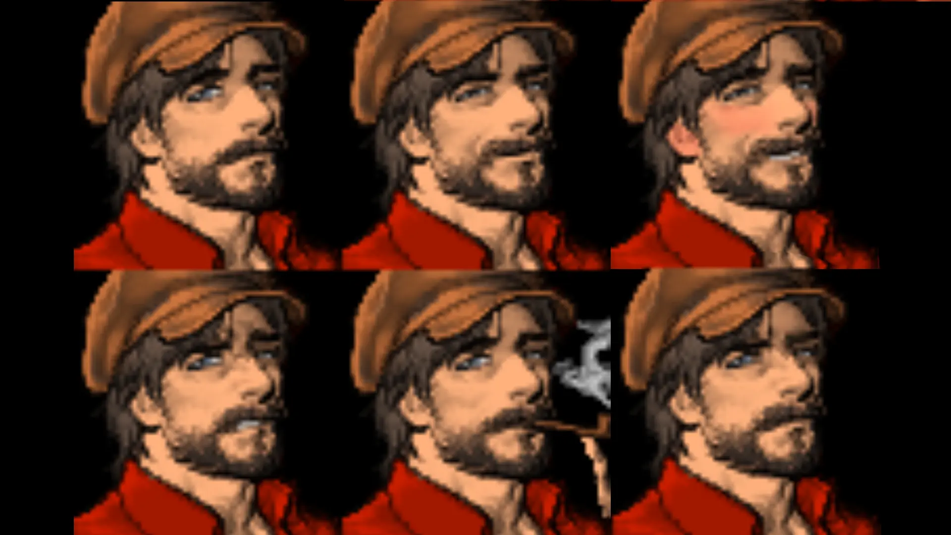 the image shows a sixframe sprite sheet of a pixel art male character.  the character has brown hair, a brown cap, a red shirt, and a beard.  each frame displays slight variations in facial expression: a neutral expression, a slightly blushing face, and several variations with or without a pipe. the style is reminiscent of classic video game character sprites.