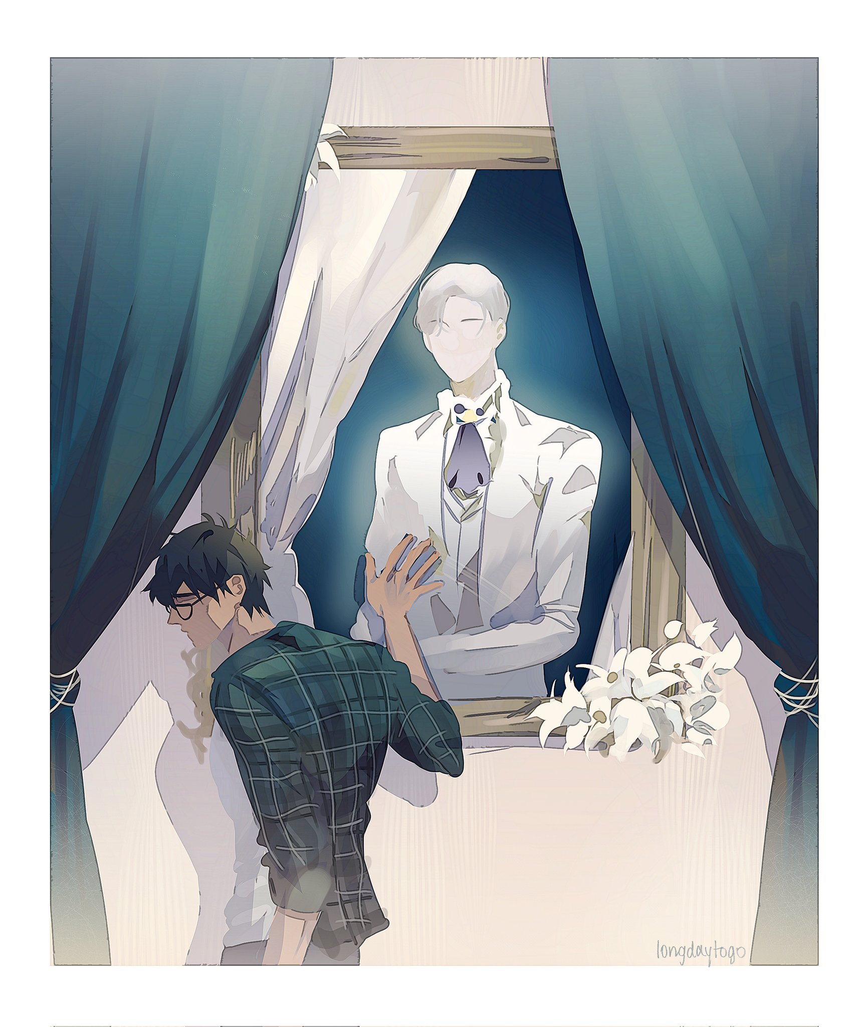 the artwork is a digital painting in an anime/manga style, depicting a young man with glasses wearing a plaid shirt. he is standing before a framed portrait of a ghostly, ethereal figure in a white suit, possibly a wedding suit.  the spectral figure appears translucent and pale, suggesting a memory or a ghost. white lilies are placed below the portrait, adding to the somber mood. the setting is framed by dark teal curtains. the overall atmosphere is melancholic and suggests themes of loss, memory, and remembrance. the young man appears to be interacting with the spectral figure in the portrait. the style is soft and ethereal, with muted colors and subtle shading.