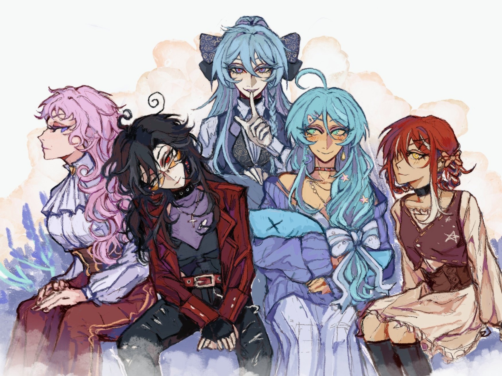 he image is a vibrant digital fanart depicting a group of five animestyle girls.  each girl possesses a distinct personality and appearance, reflected in their unique hairstyles, outfits, and expressions.  their hair colors range from pastel pink and blue to fiery red, and their clothing styles vary from elegant and flowing to edgy and modern. they appear to be close, positioned together in a friendly manner, suggesting a strong bond between them. the art style is loose and expressive, with a focus on capturing the individualities of the characters and creating a lively and enchanting scene.  the background features soft, pastel colors, allowing the richly colored characters to stand out. the overall feel of the artwork is whimsical and magical.