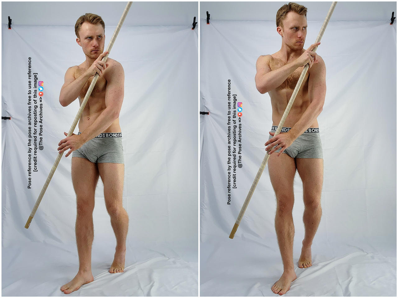 two photos of the same man in slightly different poses, holding a wooden staff. he is shirtless and wearing grey underwear. the background is plain white.