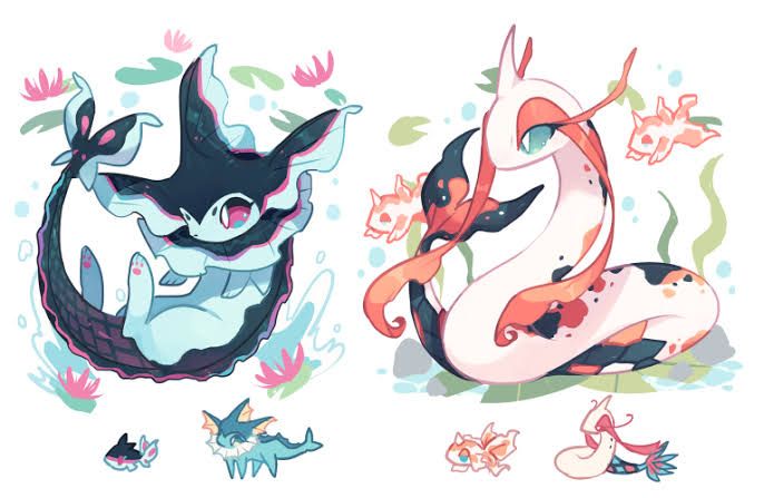 he image showcases two charming, fantasylike aquatic creatures, rendered in a cute, cartoonish style. the left one resembles a manta ray with a flowing, pastelcolored tail and body, featuring dark teal and light blue hues.  its fins are designed with delicate frills. the creature on the right has a serpentine form, its body a mix of white and pale orange with black markings, reminiscent of a koi fish. both have flowing, almost ribbonlike elements attached to them, enhancing their ethereal appearance.  smaller versions of each creature are also depicted below them, possibly offspring or variations. the backdrop features stylized water, lily pads, and seaweed, enhancing the aquatic theme. the overall style is soft and whimsical, with a pastel color palette that is light and airy. the artwork is clean and detailed, making it aesthetically pleasing.