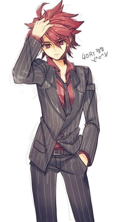 an anime boy with red hair is wearing a suit with a red shirt and tie. the background is white.  the suit is striped and the boy's hair is messy.  the boy is looking at the viewer.