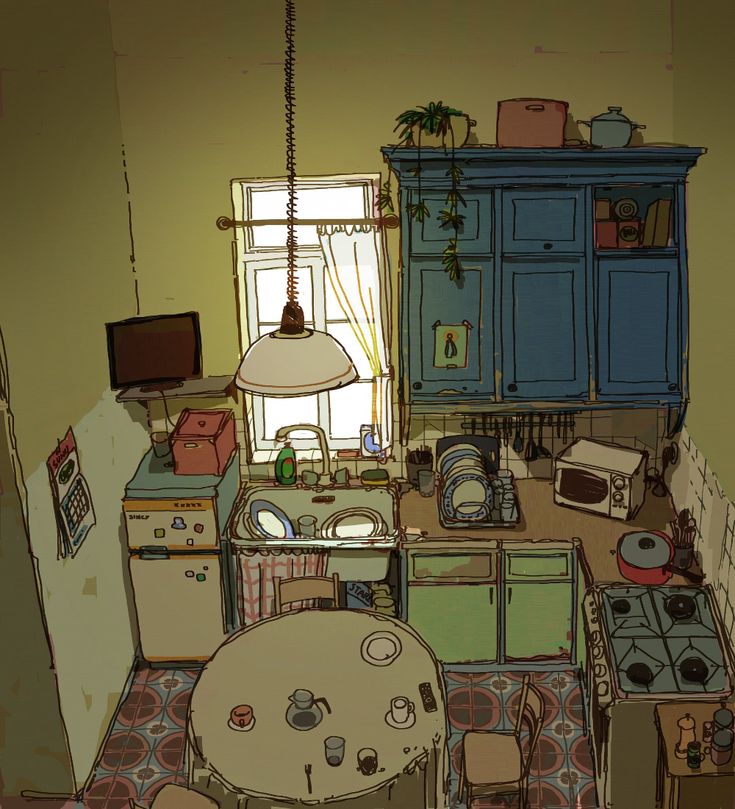 the image shows a charming, cluttered kitchen from an aerial perspective. it features a round table with four chairs, a sink full of dishes, a stove with pots and pans, a microwave, and a refrigerator. the kitchen is decorated with plants, a patterned floor, and blue cabinets. natural light streams in from the window, illuminating the scene, while a hanging lamp provides additional light. the overall atmosphere is warm, inviting, and livedin.