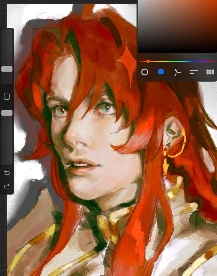 the image is a digital painting of a male character with long, vibrant red hair. he has green eyes and is wearing clothing with gold accents.  the painting style is loose and painterly, with visible brush strokes.  a color palette selection tool from a digital art program is visible in the upper right corner of the image, suggesting the artwork is in progress. the overall aesthetic is fantasy or animeinspired.