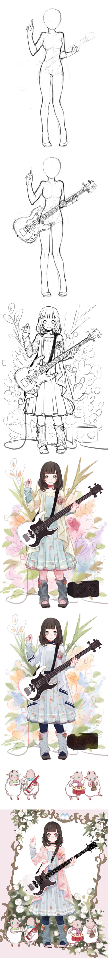 the image is a multistep digital illustration of a girl playing an electric guitar. it showcases the progression from a basic stick figure sketch to a fully rendered character against a backdrop of stylized flowers. the girl, depicted in an anime style with large eyes and flowing hair, wears a simple dress and strums a black electric guitar. the overall aesthetic is soft and feminine, with a focus on pastel colors and delicate floral elements.