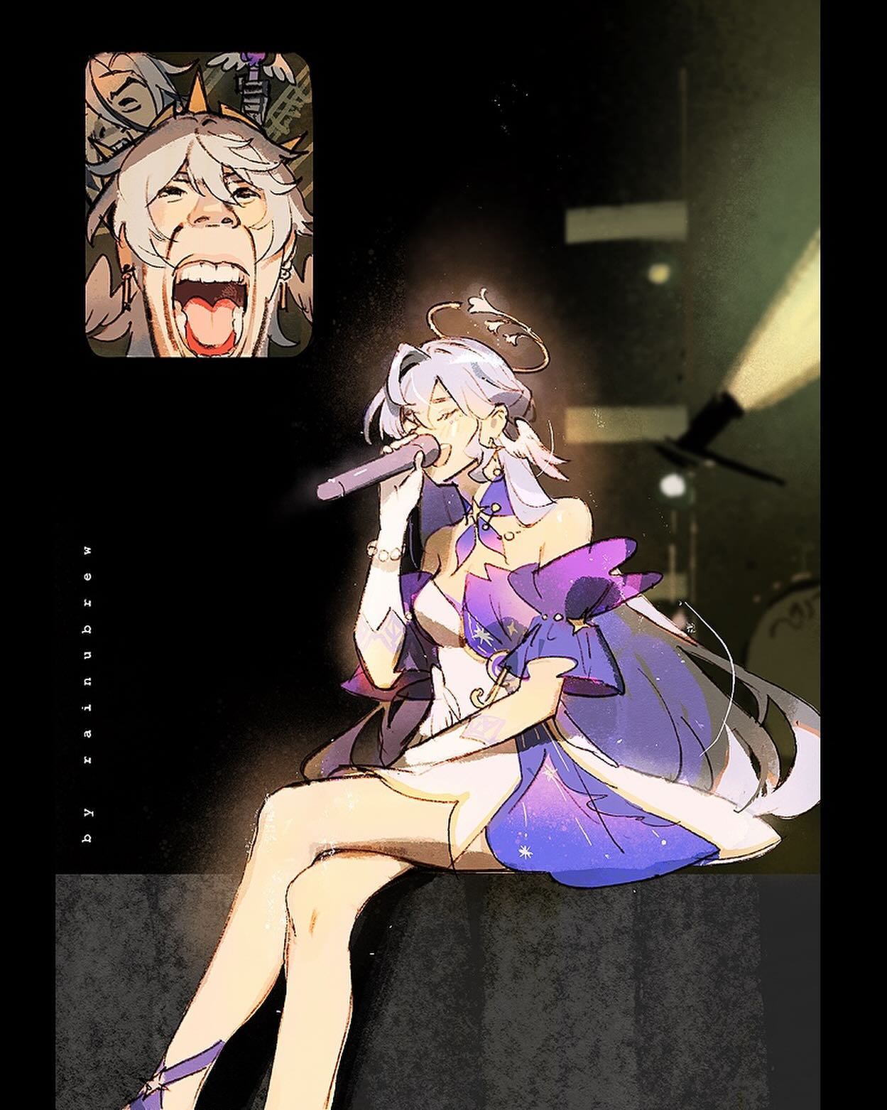 the image showcases a female singer captivating the audience with her performance on a dimly lit stage. a single spotlight illuminates her, emphasizing her presence amidst the darkness. the low angle perspective adds to the dramatic effect, making her appear larger than life. the background hints at a captivated audience enjoying the concert.