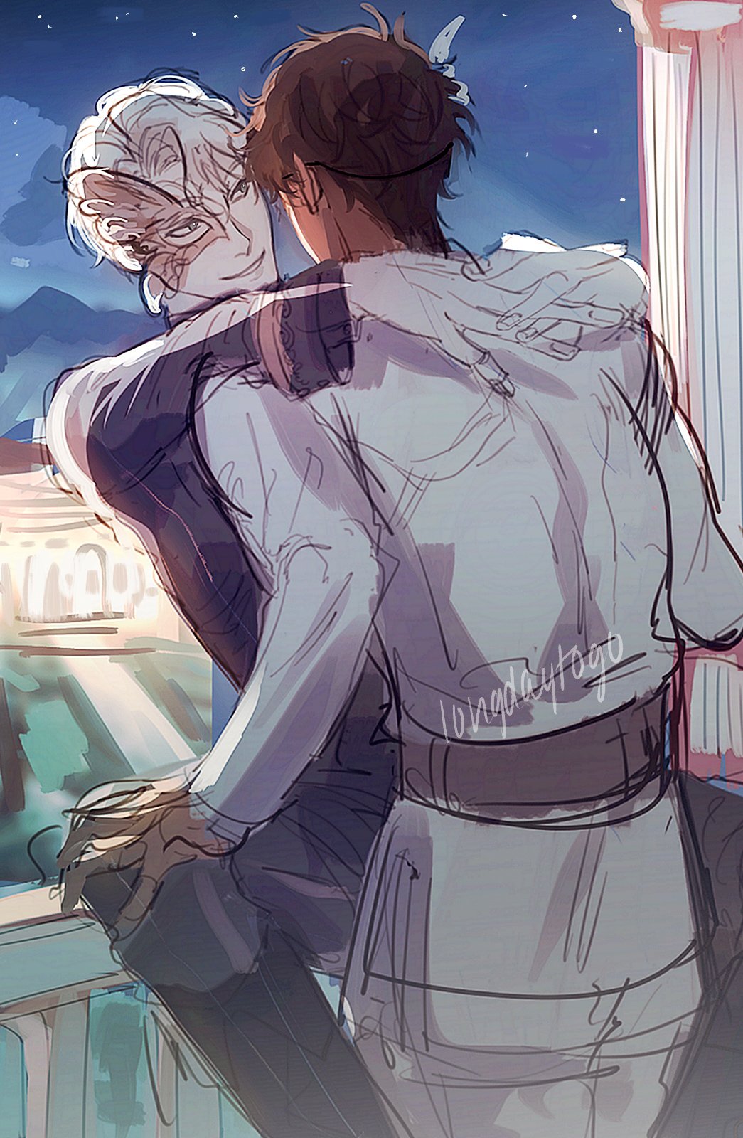 a digital painting depicts two young men embracing on a balcony at night. the man with white hair has his arms around the man with brown hair, who is wearing a lightercolored outfit. they are looking out at a cityscape below. the artwork is in a sketchy style with visible brushstrokes, and it's done in soft colors. the overall tone is romantic and intimate.  the artist's signature, "longdaytogo," is faintly visible on the image.
