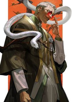 his is a digital illustration of an older man with white hair wearing a stylish, intricately designed suit. he is accessorizing with a white snake draped around his shoulders and red sunglasses. he holds a smoking pipe in his right hand and is posed against a background of abstract orange trees. the artwork has a soft, warm light and a closeup perspective, highlighting the detailed design of the character and his attire.