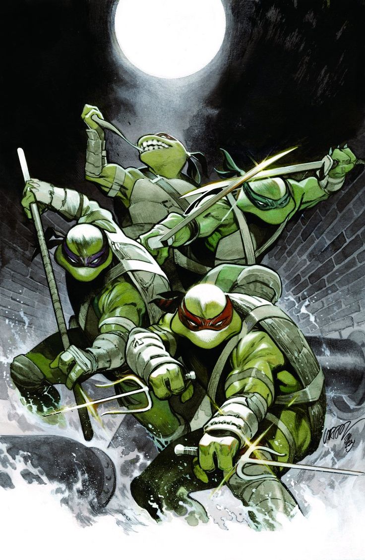 this image is a comic book cover featuring the teenage mutant ninja turtles. they are in a sewer, with moonlight shining down on them. the turtles are all in action poses, holding their weapons. the cover has a lot of action and energy.