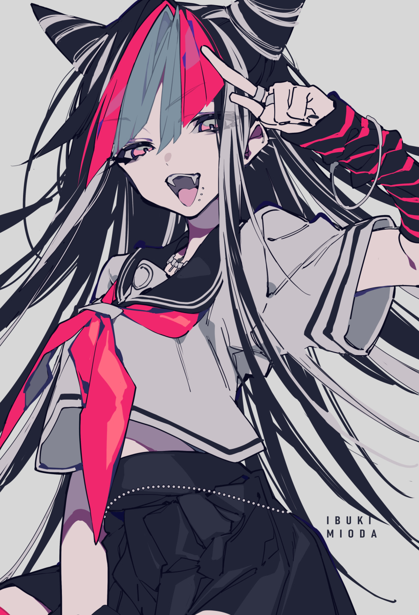 an anime style image of ibuki mioda from danganronpa in a school uniform, striking a playful pose with a peace sign. her striking features include multicolored hair, a tongue piercing, and a fang, adding to her unique character design.