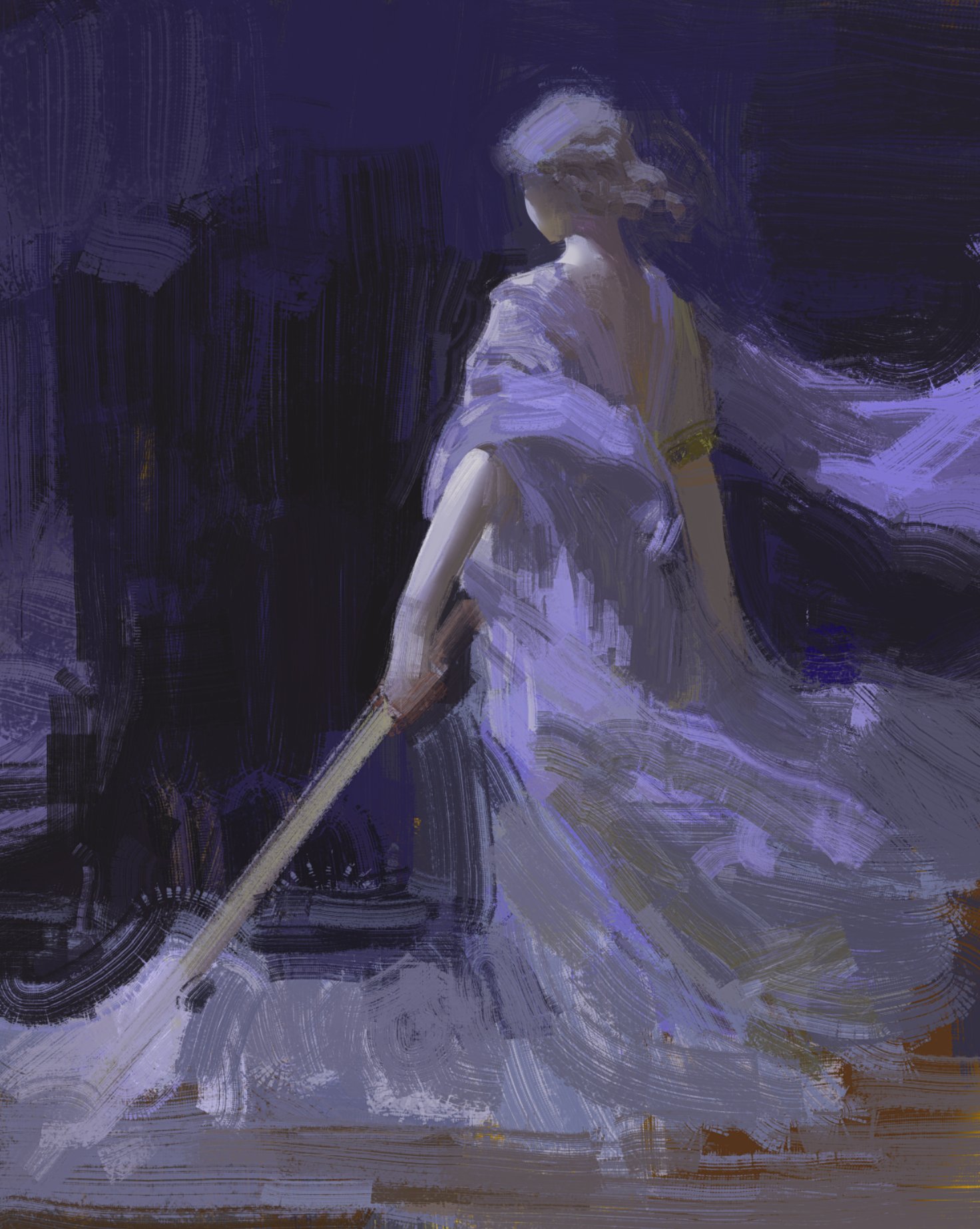 a digital painting depicts a woman in a long flowing purple robe, standing in a mysterious and ethereal setting. she holds a long object in her hand, possibly a staff or a sword, which is obscured by the folds of her robe. the woman's face is partly obscured by her hair, giving her an air of mystery. the painting is characterized by its soft, flowing brushstrokes and muted colors, creating a dreamy and atmospheric mood. the composition emphasizes the woman's elegant form and graceful movement, suggesting a sense of power and poise.