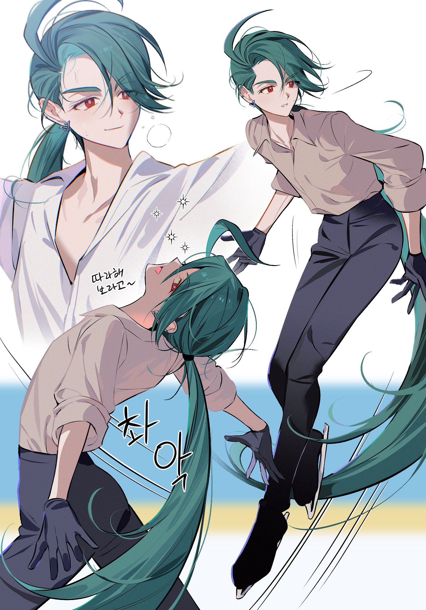 the image showcases a male character, presumably an ice skater, with vibrant green hair tied in a ponytail. he is depicted in various poses suggestive of figure skating, including a dynamic jump. the character is adorned in an offwhite shirt and dark pants, highlighting the fluidity of his movements on the ice. his intense gaze and confident posture exude a captivating charm. the scene is set on an ice rink, though the precise location remains ambiguous. overall, the image captures the grace and athleticism of figure skating through an animeinspired aesthetic.