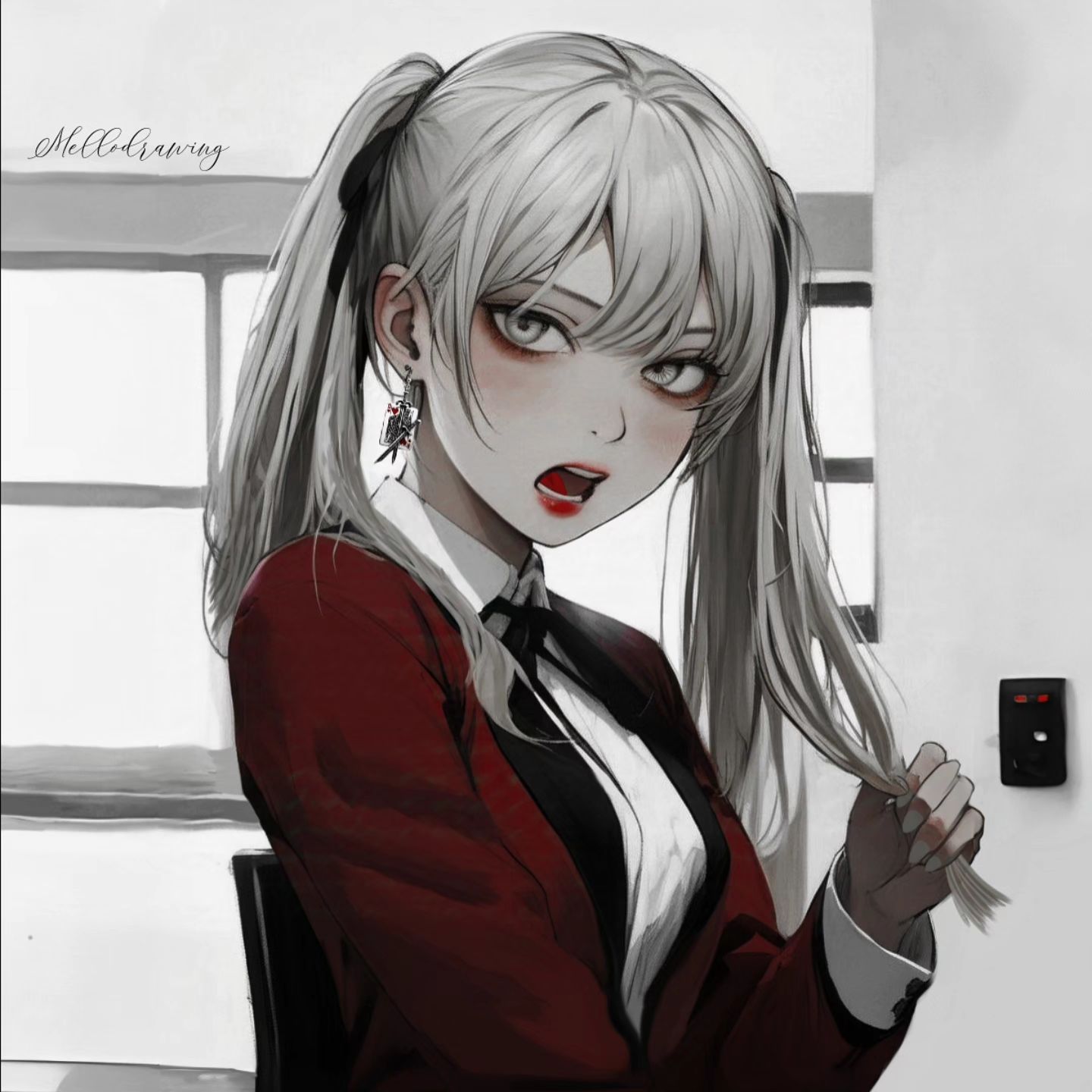 this is a closeup shot of an anime girl with long white hair tied in pigtails. she is wearing a red jacket, white shirt, and black tie. her hair is being held in her right hand. she has red lipstick on and her eyes are looking at the camera. the background is gray, and there is a window behind the girl.
