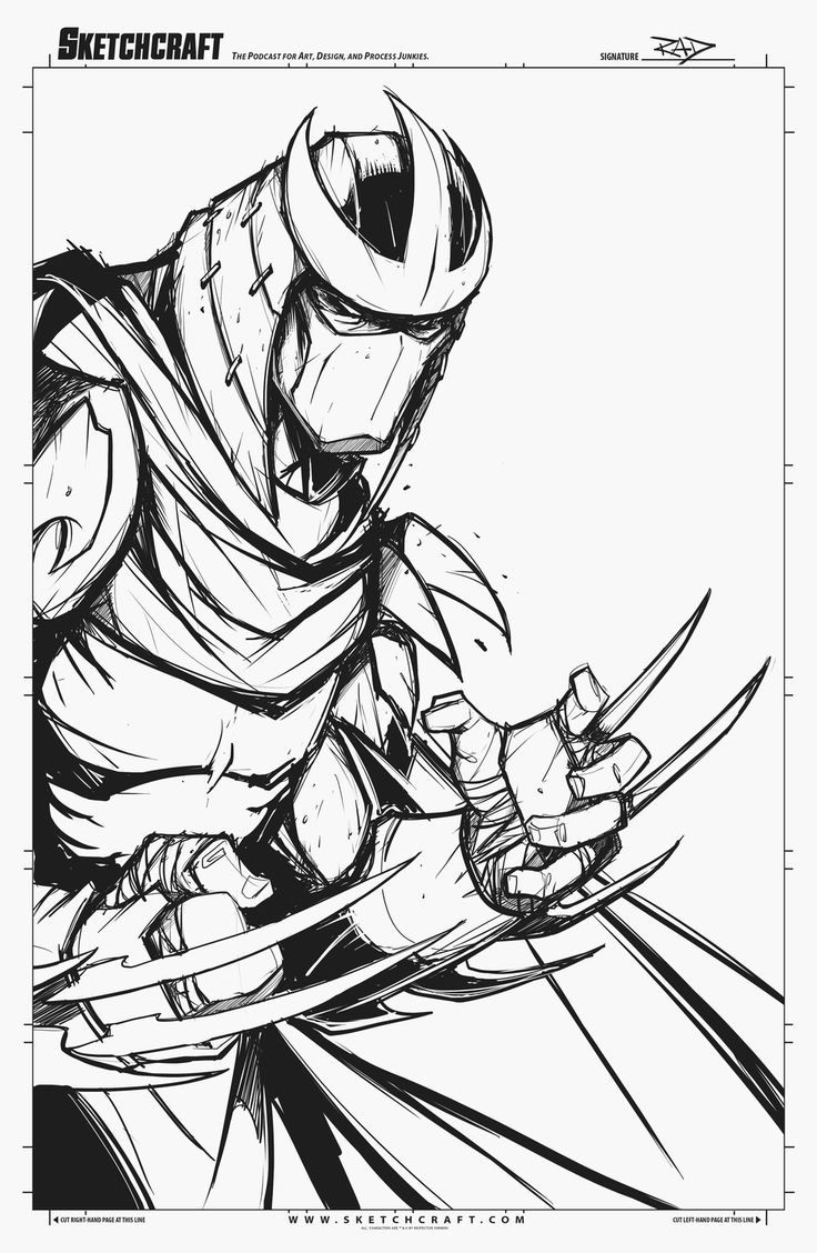 this is a black and white illustration of a ninja with a mask and claws. the ninja is in a fighting pose, with their claws extended and their cape flowing behind them. the image is very dynamic and full of action. the ninja is drawn in a comic book style, with exaggerated features and a sense of movement.