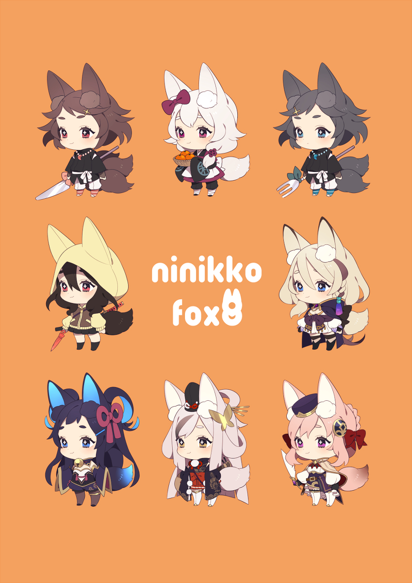 a colorful illustration of nine adorable animestyle girls. they are all chibi characters with big eyes, cute outfits, and fox ears. there is a title "ninikko fox" on the middle top of the image, so it's probably a design for a series or character.