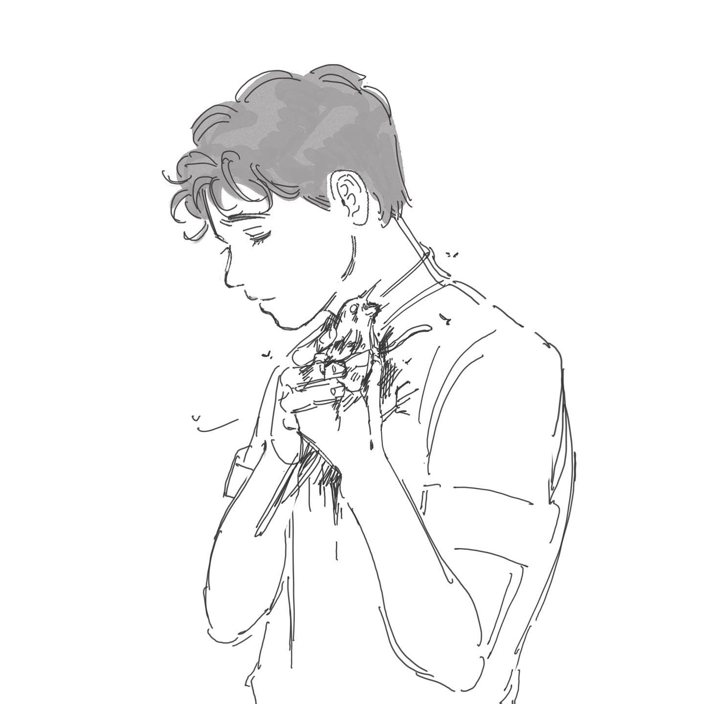 the image is a black and white sketch of a man, likely a veterinarian or vet tech, gently holding a small bird in his hands. the man's head is bowed slightly towards the bird, and his expression is one of focused care. the sketch has a soft and gentle quality, emphasizing the compassion and empathy between the man and the animal.