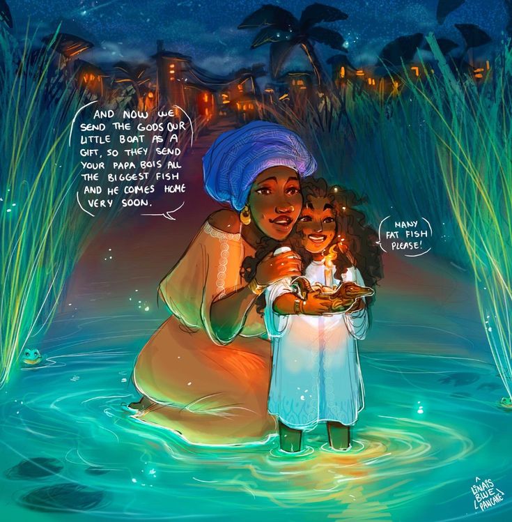 the illustration depicts a darkskinned mother and daughter standing kneedeep in a body of water at night. they are holding a small boat adorned with a candle, making an offering to the gods. the background shows a village nestled amongst lush vegetation, with a starry sky above. a speech bubble reveals their prayer or wish: to have the father/father figure return home soon by sending the gods the little boat as a gift in return for the biggest fish. the overall feeling is one of hope, faith, and spiritual connection, imbued with a sense of magical realism and cultural richness, likely drawing on african folklore or mythology. the style is expressive and painterly, with warm, glowing colors dominating the scene.