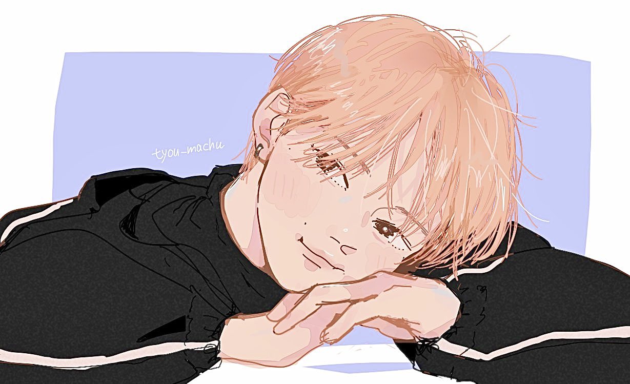 a digital drawing of a young boy with peachcolored hair, styled in a short cut. he has a soft smile on his face with rosy cheeks and his eyes are closed as if he's resting comfortably. he's wearing a black and white striped athletic top and is positioned with his head resting on his hands. the background is a plain light purple.  the overall aesthetic of the drawing is delicate and gentle.