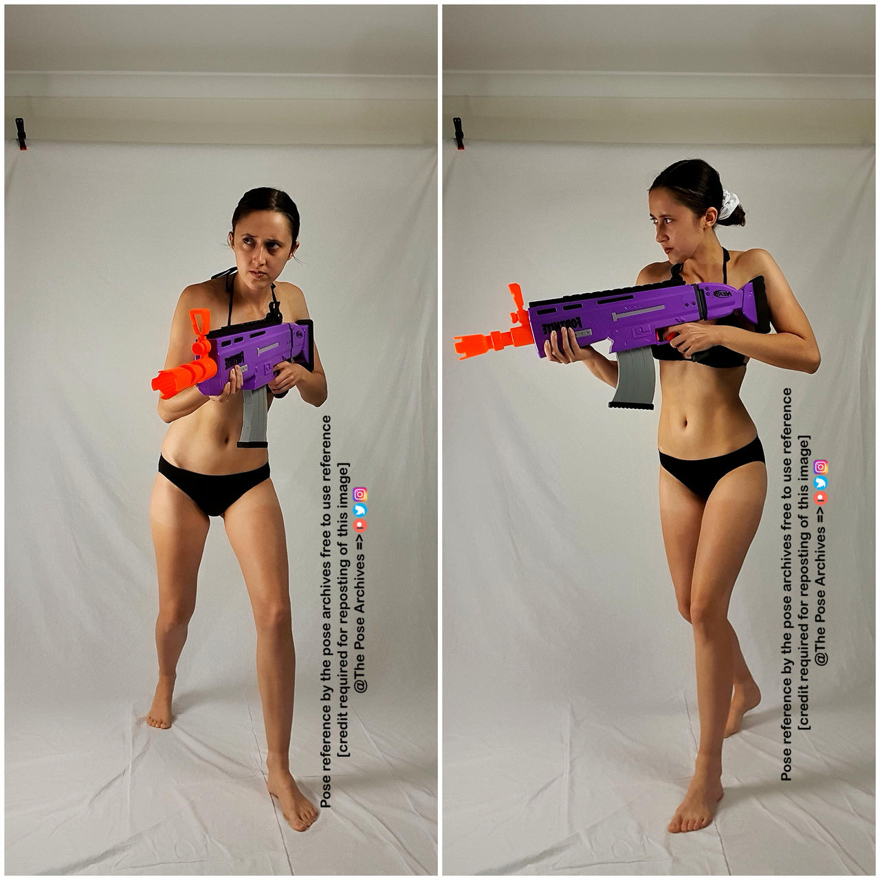 two photos of the same woman from slightly different angles.  she is standing indoors and posing with a toy gun. she is wearing a bikini and has dark hair pulled back in a bun. the wall behind her is offwhite.  there is text on the image that says, "pose reference by the pose archives free to use reference [credit required for reposting of this image] @the pose archives =>".