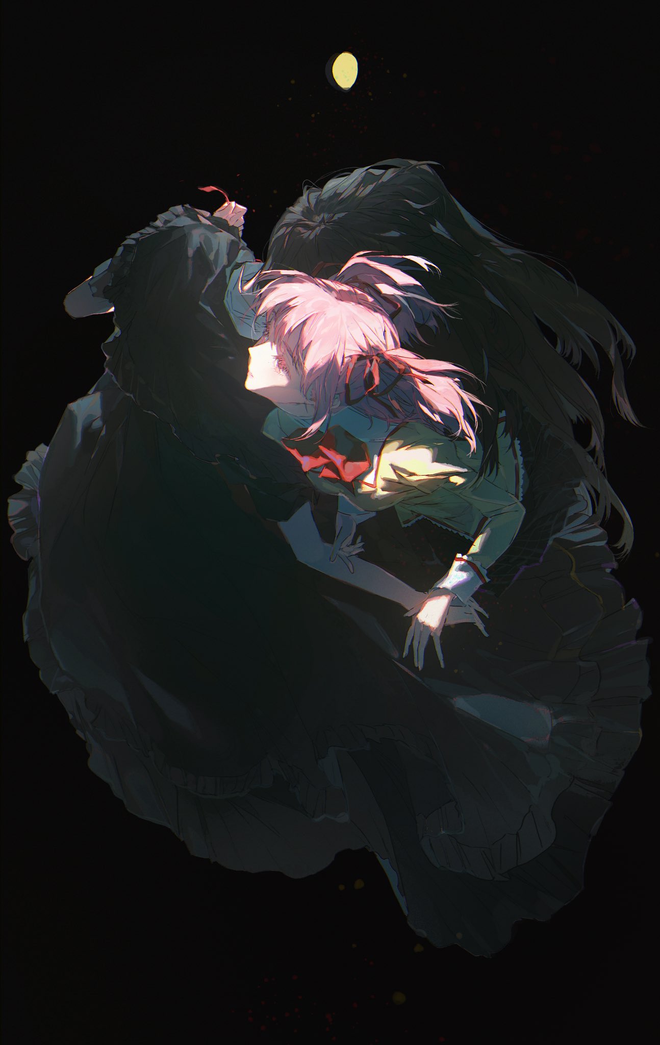 two anime girls are floating in the sky, one is wearing a pink dress and black hair and the other is wearing a black dress with long black hair. there is a light source from above the girls, and the sky is filled with stars.
