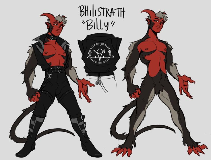 the image presents a character design sheet for a character named "bhillistrath" or "billy".  the design showcases a bipedal, anthropormorphic demonlike creature.  billy has red skin, black fur on his legs and tail, horns, and a pointed tail. he's dressed in dark, punk/goth style clothing, including a black leatherlike jacket, black pants with buckles, and boots. the sheet includes a front view and back view of the character,  along with a separate drawing of a shirt design intended for the character. the style is digital illustration with bold lines and shading. the overall aesthetic is dark fantasy with some punk/goth influences.