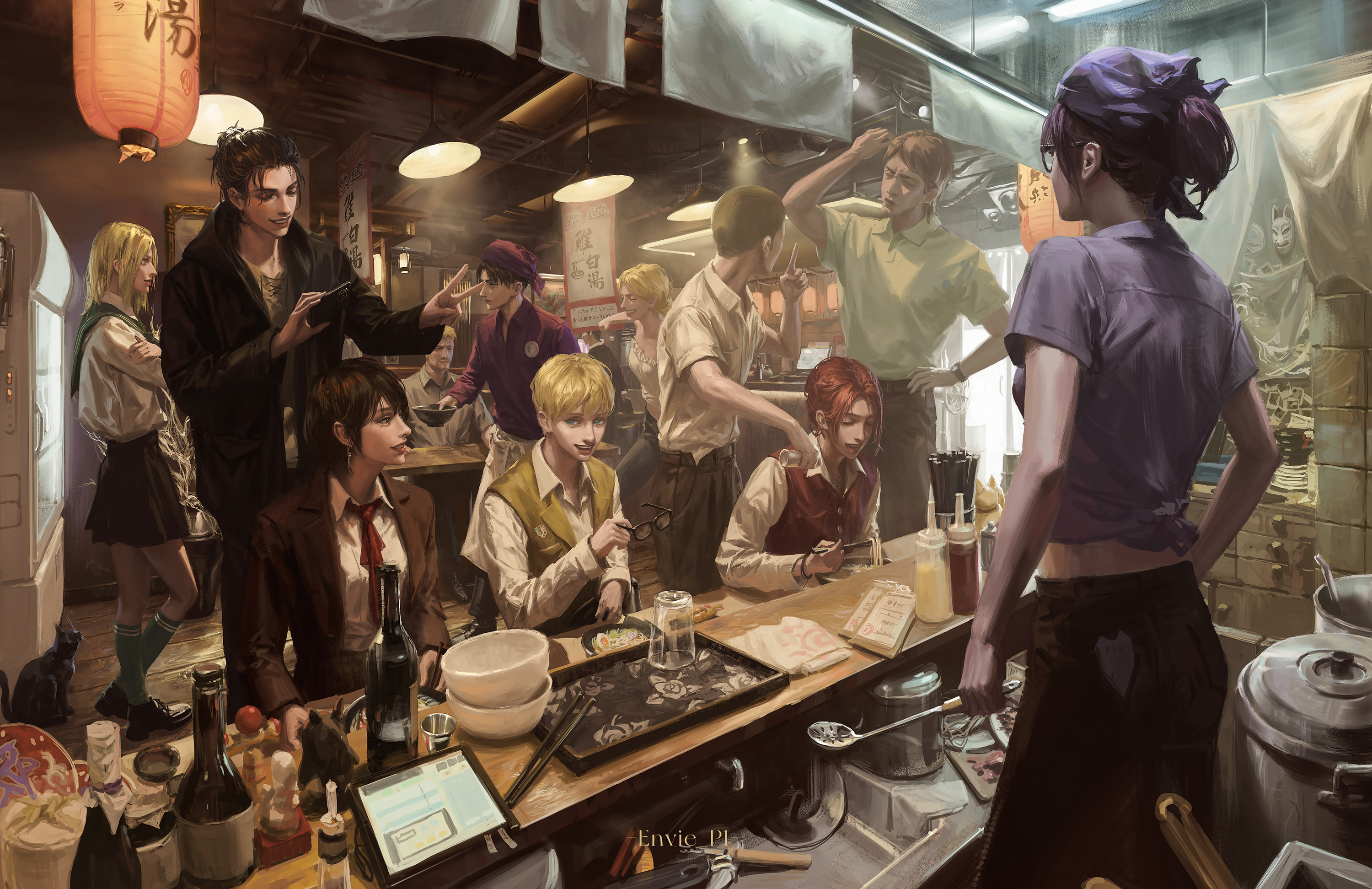 an illustration depicts a bustling japanese restaurant scene filled with characters from the anime series attack on titan. several main characters are present, including eren yeager, mikasa ackerman, armin arlert, levi ackerman, annie leonhart, reiner braun, jean kirstein, sasha braus, conny springer, and hange zoe. they are mixed among other customers and restaurant staff, such as waiters and a cook. the restaurant interior features tables, sake bottles, bowls, chopsticks, and various food items. a tablet rests on a table, and a lantern hangs from the ceiling, adding to the atmosphere. a black cat sits near the entrance.