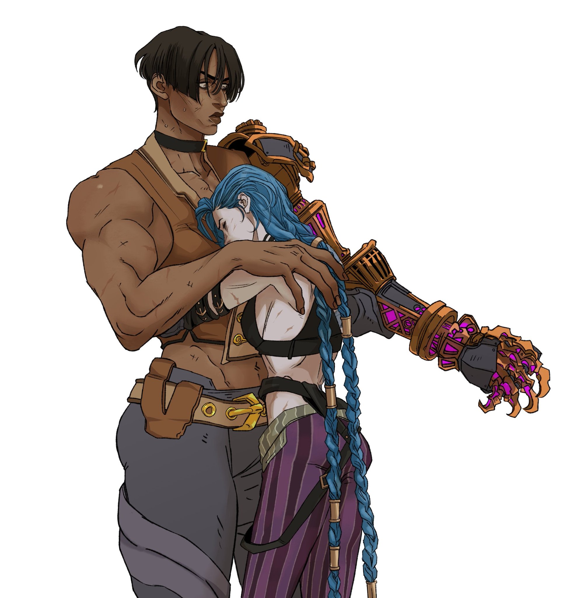 an illustration in a cartoon style depicts ekko hugging jinx. ekko, a muscular man with brown skin and short dark hair, wears a brown choker and a tan, sleeveless top with a harness. jinx, a slender woman with blue braided hair, hugs him tightly with her face buried in his chest. she wears a black sports bra, a belt, and striped purple pants. ekko's mechanical arm, made of gold and purple metal, is partially visible behind jinx.
