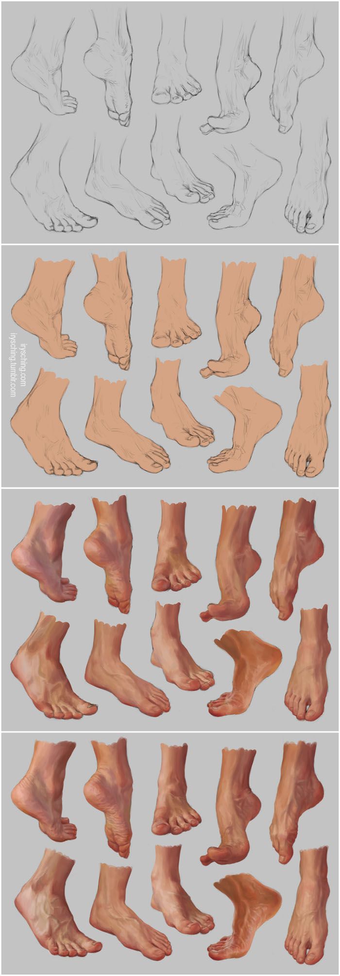 this image is a reference guide for drawing feet. it shows different angles and positions of feet, starting with simple line drawings and progressing to more detailed and shaded renderings. the drawings highlight the anatomy and structure of the foot, making it easier for artists to understand and replicate its form.