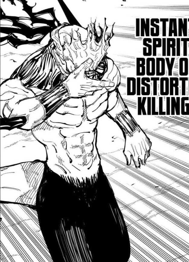 a manga panel featuring a muscular, monstrous male character in action, seemingly possessing supernatural abilities, depicted in a dynamic pose with a dramatic, highcontrast art style. the text "instant spirit body distortion killing" emphasizes the character's powerful and deadly technique.