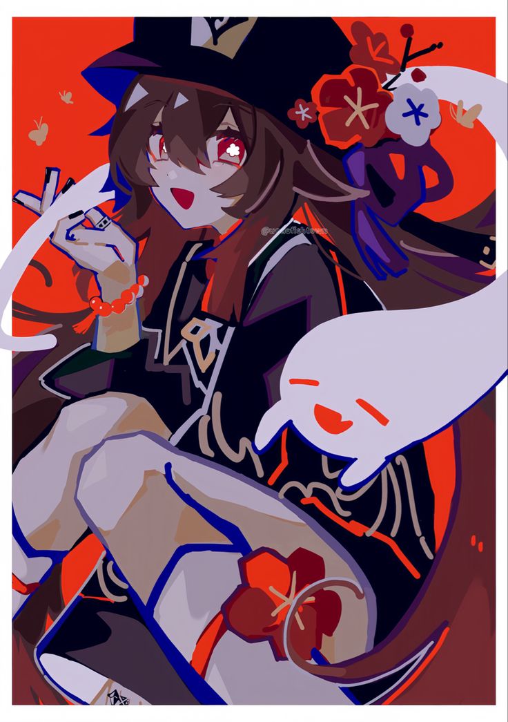 the image is a stylized fanart of hu tao from the game genshin impact.  she's depicted in a chibiesque style, with exaggerated features and proportions.  hu tao is wearing her signature hat and outfit, with red and black being prominent colors.  she's sitting with a friendlylooking ghost beside her, and there are stylized flowers in her hair. the overall style is playful and vibrant, with bold lines and color choices. the background is a simple flat red.