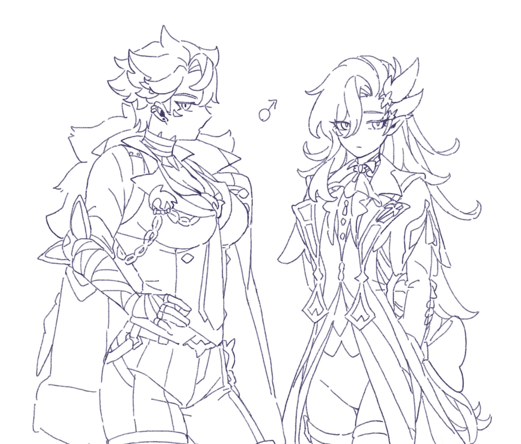 the image contains a line drawing sketch of two animestyle female characters.  one character has shorter, spikier hair and more rugged, less formal clothing suggestive of a more casual or warriorlike style. the other has longer, flowing hair and wears more ornate, formal clothing in a style reminiscent of rococo or baroque fashion. a small male symbol is drawn near the first character. the style is reminiscent of character concept art, possibly for a video game or animation. the sketch is done in light purple or blue lines on a white background.