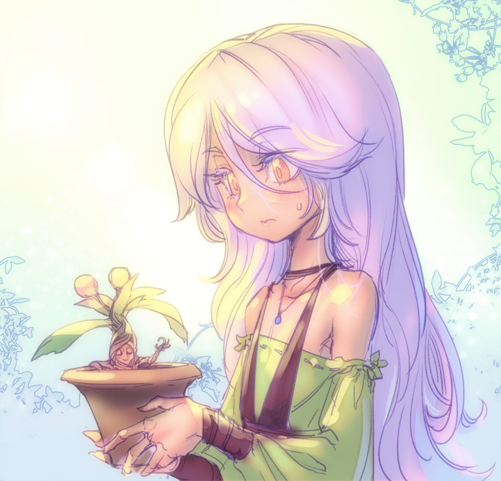 a young anime girl with long, white hair with purple highlights and green eyes is shown holding a small plant pot. she is wearing a simple, green dress with a brown strap and a silver necklace. the background is light blue and pink, with some flowers.