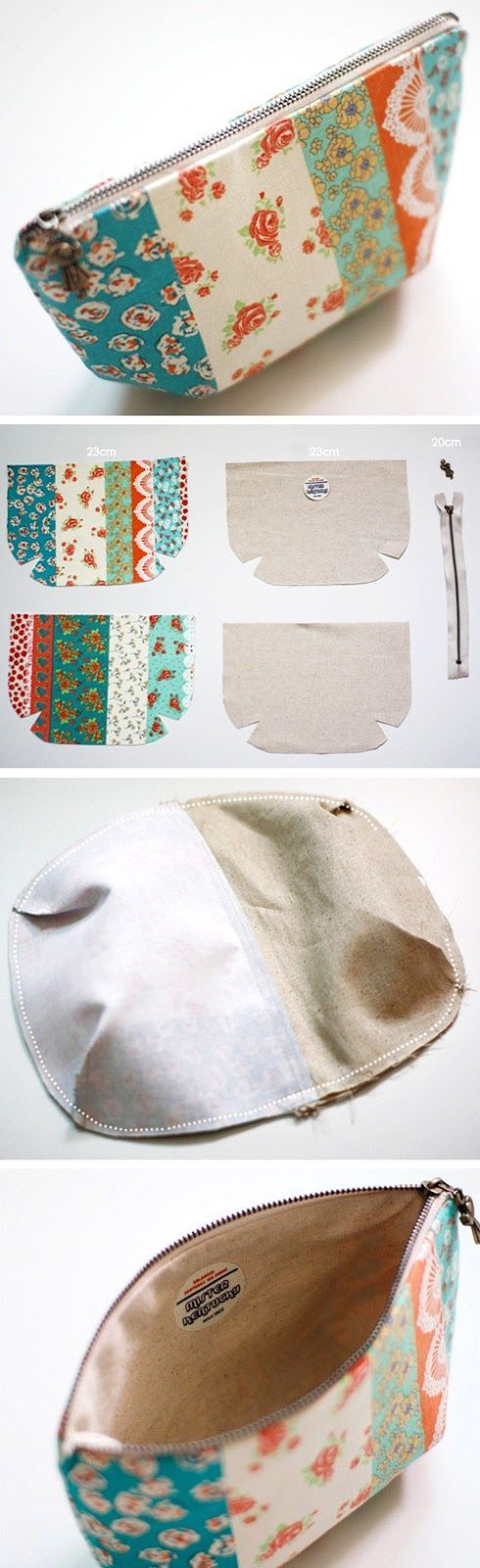 the image shows a sewing project for creating a patchwork fabric pouch with a zipper closure. the images display the various steps involved in the process, from cutting the fabric pieces and sewing the patchwork exterior to constructing the lining and adding the zipper. the final product is a charming, handmade bag with a unique floral pattern.