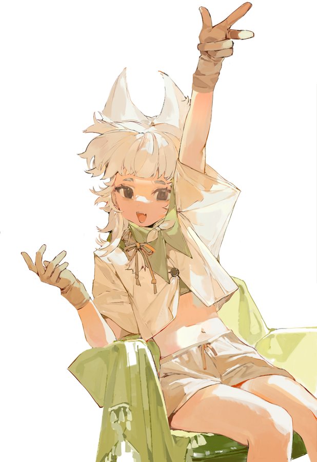 the illustration showcases a cheerful fox girl, striking a playful pose with a peace sign. bathed in soft lighting, she sits comfortably, her white hair and attire contrasting beautifully against her tanned skin. her green eyes sparkle with joy, further emphasizing her cheerful demeanor. the color scheme emphasizes warm, earthy tones, creating a sense of gentle energy.