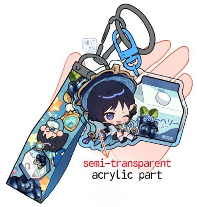 this is a keychain with a cute anime girl in a blue dress. the girl is holding a carton of milk, and there are blueberries on the side. the keychain is also decorated with stars and other cute details. the charm is made of acrylic, and the part with the girl is semitransparent. the keychain has a blue and white color scheme, and it is very cute and stylish.