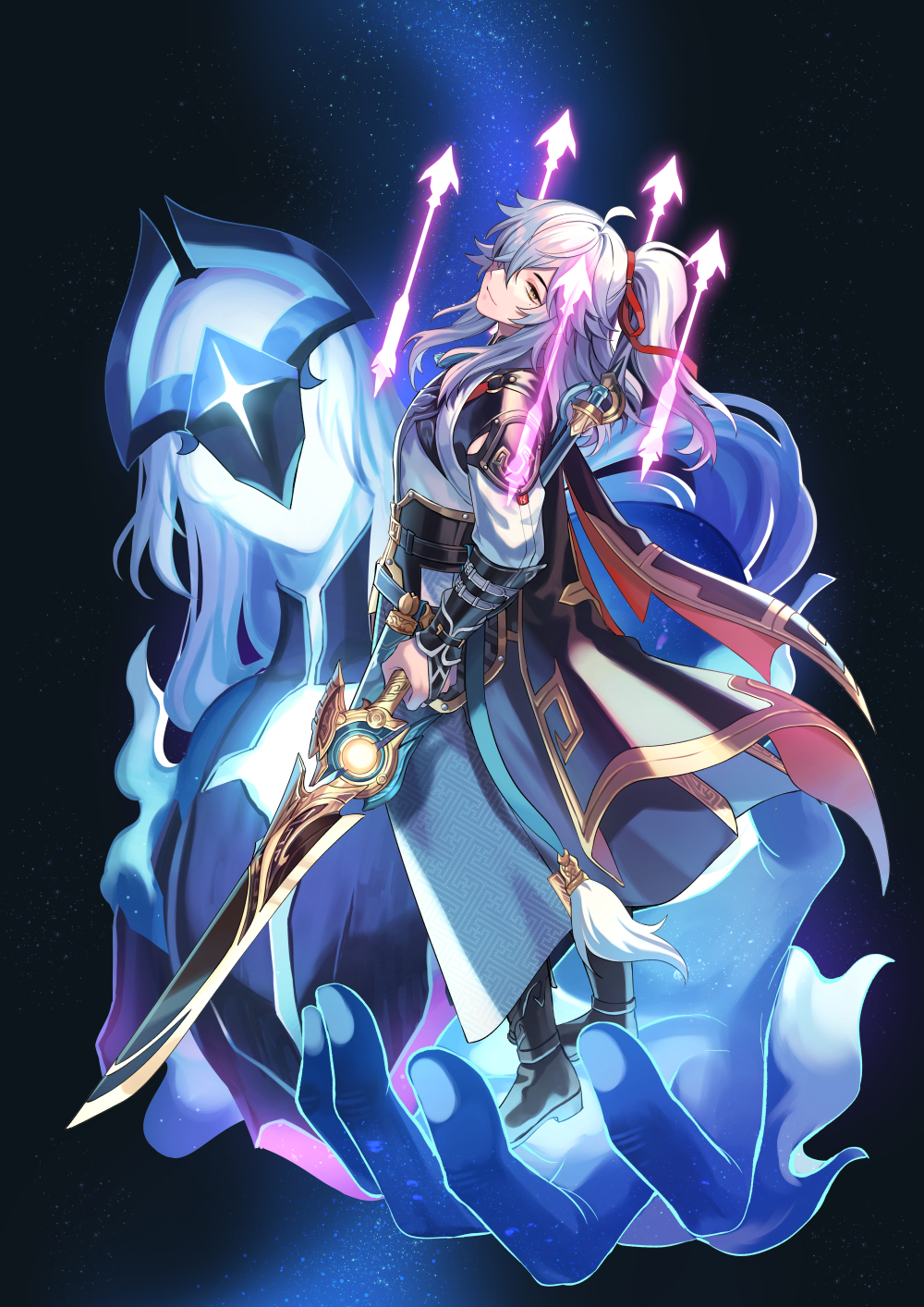 the image depicts a young animestyle male character in a white and blue fantasy warrior outfit with flowing robes and a silver ponytail. the character is holding a golden sword in his right hand and is standing on a giant blue hand that is reaching up from below. there is a shimmering blue and white light emanating from the character's body. the image is set against a background of dark blue and purple with stars scattered throughout. the character is looking at the viewer with a confident and determined expression. the overall style of the image is dark and dramatic, with an emphasis on magical and fantastical elements.