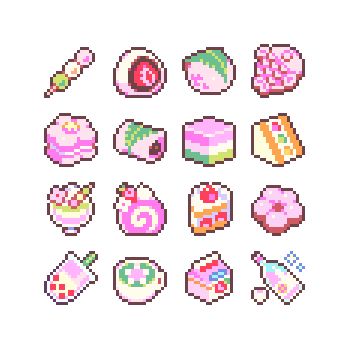 this image features a grid of 16 pixel art illustrations depicting various japaneseinspired desserts and sweets. the illustrations are rendered in a cute and pastelcolored style, emphasizing pink hues. the desserts include mochi, dango, sakurathemed treats, matcha sweets, and other popular japanese confections.