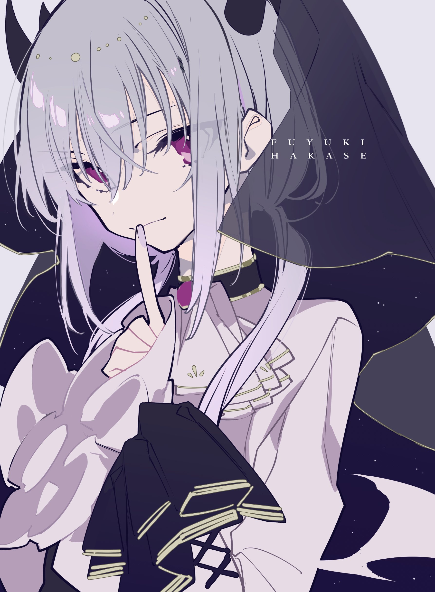 an anime girl with gray hair, purple eyes, and horns is holding her finger to her lips. her name "fuyuki hakase" is written near her face.