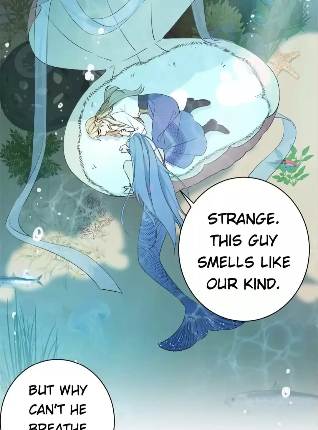 the image is a panel from a manga or comic. it depicts an underwater scene with a mermaid and a woman sleeping inside a large pearllike shell. the mermaid is bluehaired and has a fish tail. the woman has blonde hair and is dressed in a blue dress. the mermaid is expressing wonder about the woman, noting that she smells like their kind but cannot breathe underwater. the overall style is fantasy and magical, with soft colors and a dreamy atmosphere. the scene is mysterious and intriguing, leaving the reader wondering about the story's plot.