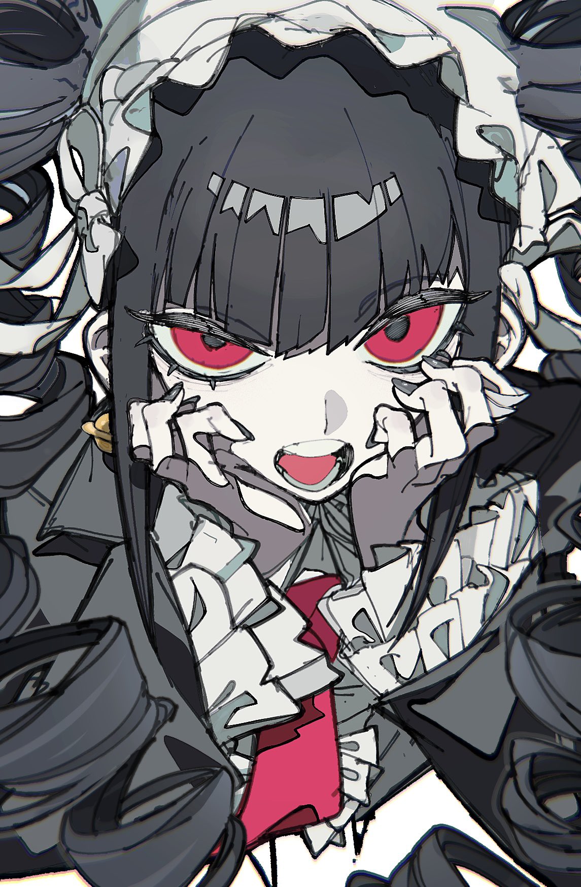 a digital illustration of an anime girl with black hair and red eyes. she is wearing a white collar, black jacket, and red tie. she has an angry expression and her hair is styled in two large buns. the art style is a rough sketch. the background is white.