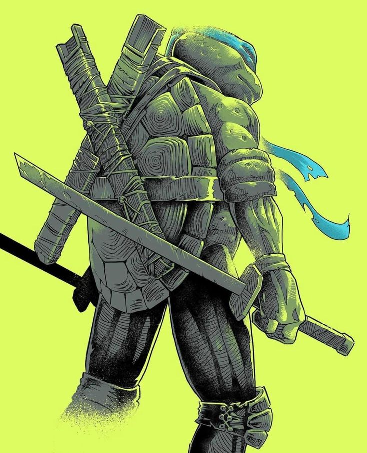 a drawing of leonardo, a teenage mutant ninja turtle, holding his katanas. he is wearing his signature blue bandana and has a fierce expression on his face. the background is a bright yellow.