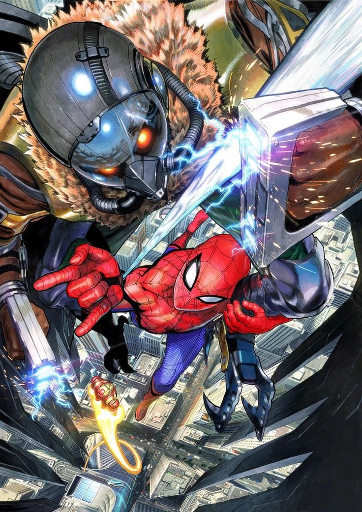 an image from a marvel comic book of spiderman in midair fighting a villain. the villain is in a futuristiclooking suit with a mask and a weapon that is shooting lightning. the two figures are fighting in a cityscape.
