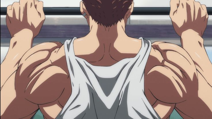 the image shows a muscular anime man doing a pullup with his back to the viewer. he is wearing a white tank top and his biceps and triceps are very defined. the image is drawn in a stylized anime style, with exaggerated features and muscle definition.