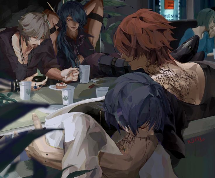 the image is a digital fan art illustration depicting a group of animestyle young men sitting together at a cafe table.  the scene is dimly lit, creating a moody atmosphere. the characters are close together, suggesting intimacy or friendship.  one character has prominent tattoos on their back and shoulders.  the art style is detailed, focusing on the characters' expressions, clothing, and the intricate details of their tattoos and jewelry. the color palette is dark, with pops of color from the characters' hair. the overall mood is relaxed but with a hint of mystery.