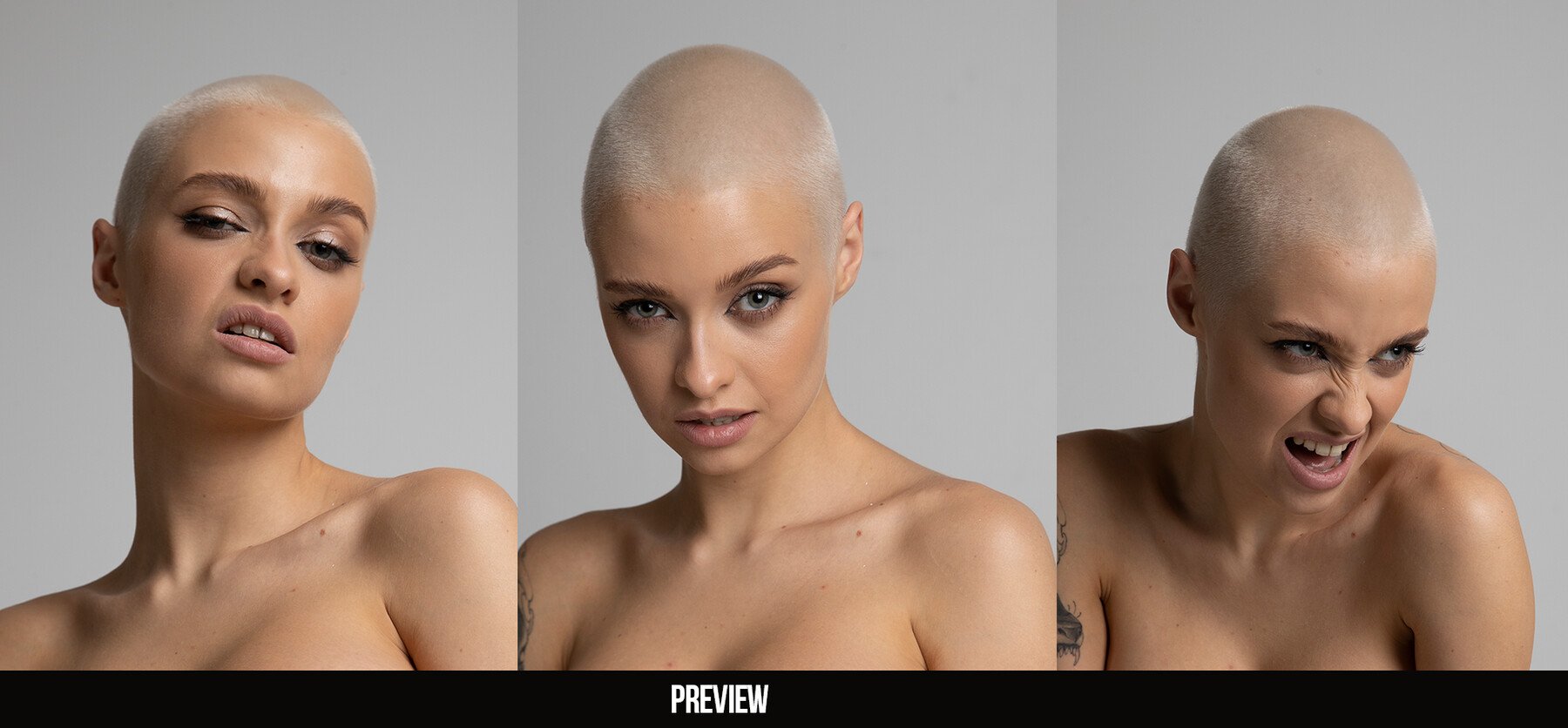 a bald woman is seen in three different poses, one is neutral, one is serious and one is angry. the woman is looking directly at the camera in each image. the woman is wearing no makeup and has a shaved head. she is standing against a white background.
