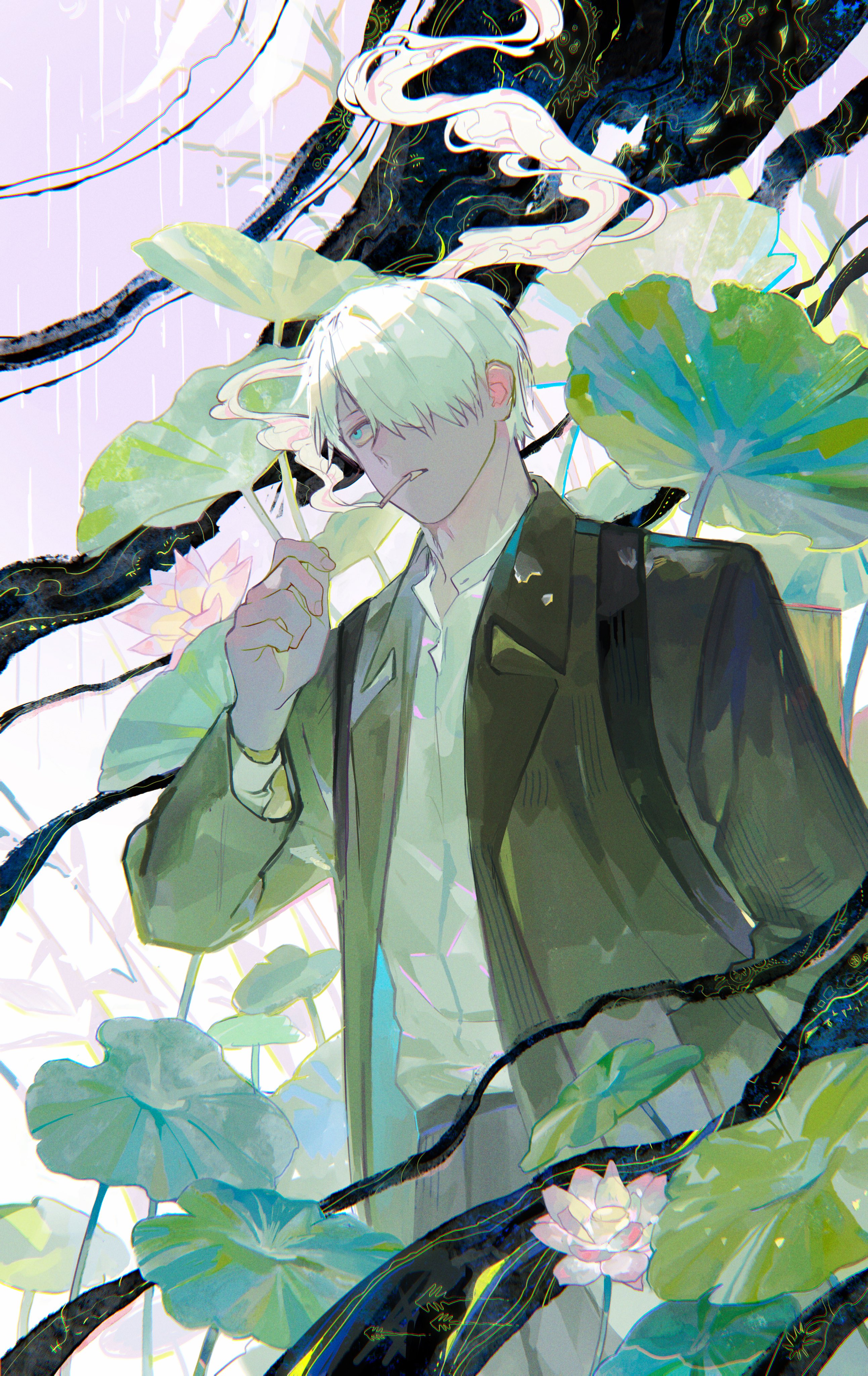 a digital illustration of a man with white hair smoking a cigarette. he wears a white shirt, dark green coat, and a bag on his right shoulder, standing among lotus plants with pink flowers in a pond. it's raining and the dark green background looks twisted and mystical.