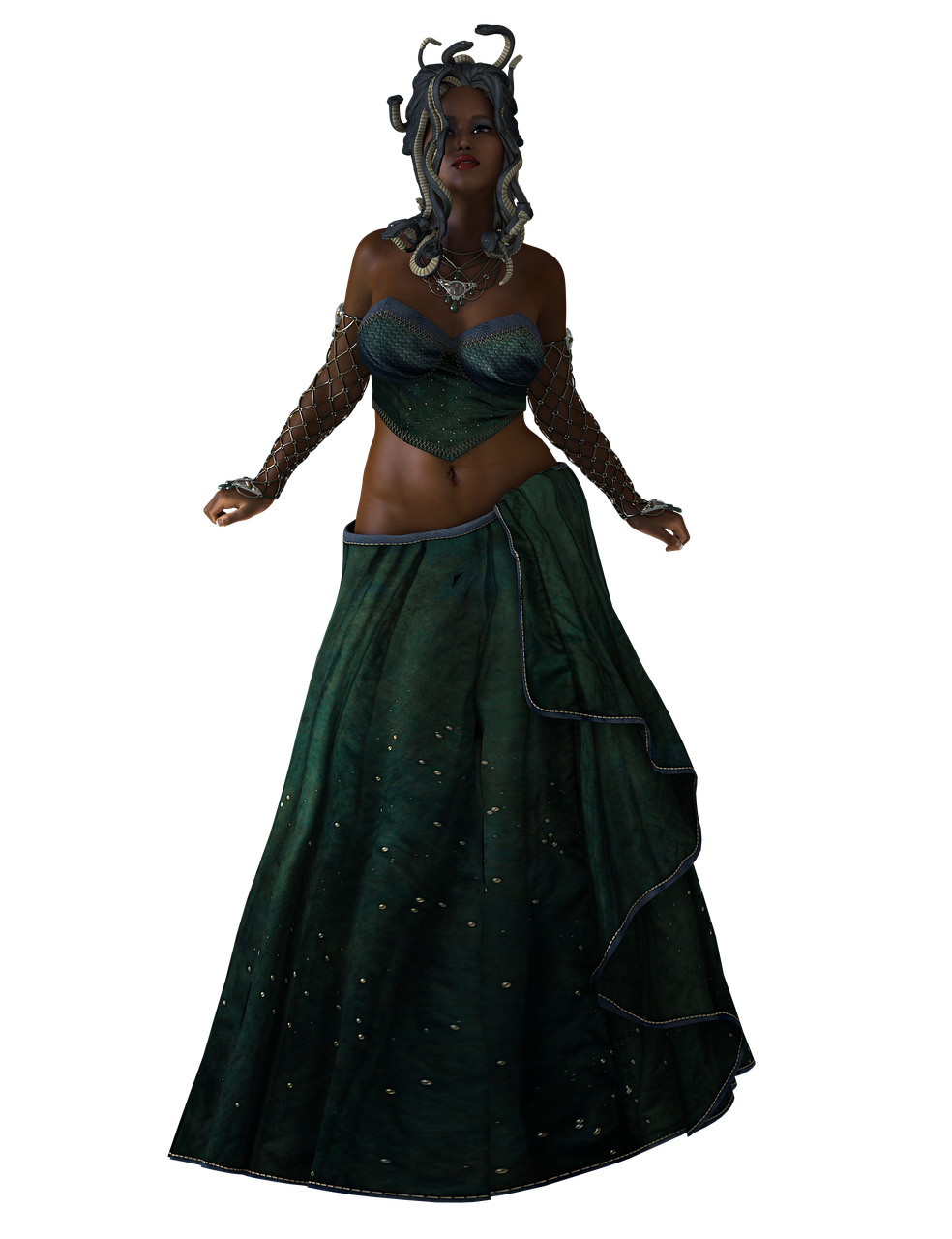 a digital rendering of medusa with snake hair, wearing a green gown and jewelry, against a black background. she has a dark complexion and a stern expression.