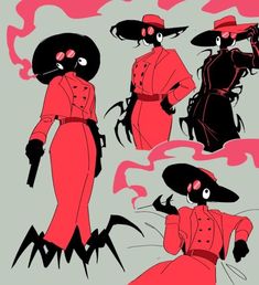 the image showcases four different poses of the same stylized character: a slender woman with spiderlike features.  she's depicted in a sharp red suit, a widebrimmed hat, and long, spindly black limbs.  the poses range from confident and gunwielding to relaxed and smoking, highlighting her enigmatic persona. the background is a pale greygreen, allowing the character's vibrant red attire and bold black accents to pop.